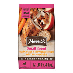 Merrick Healthy Grains small breed dry dog food bag highlighting premium nutrition for small dogs