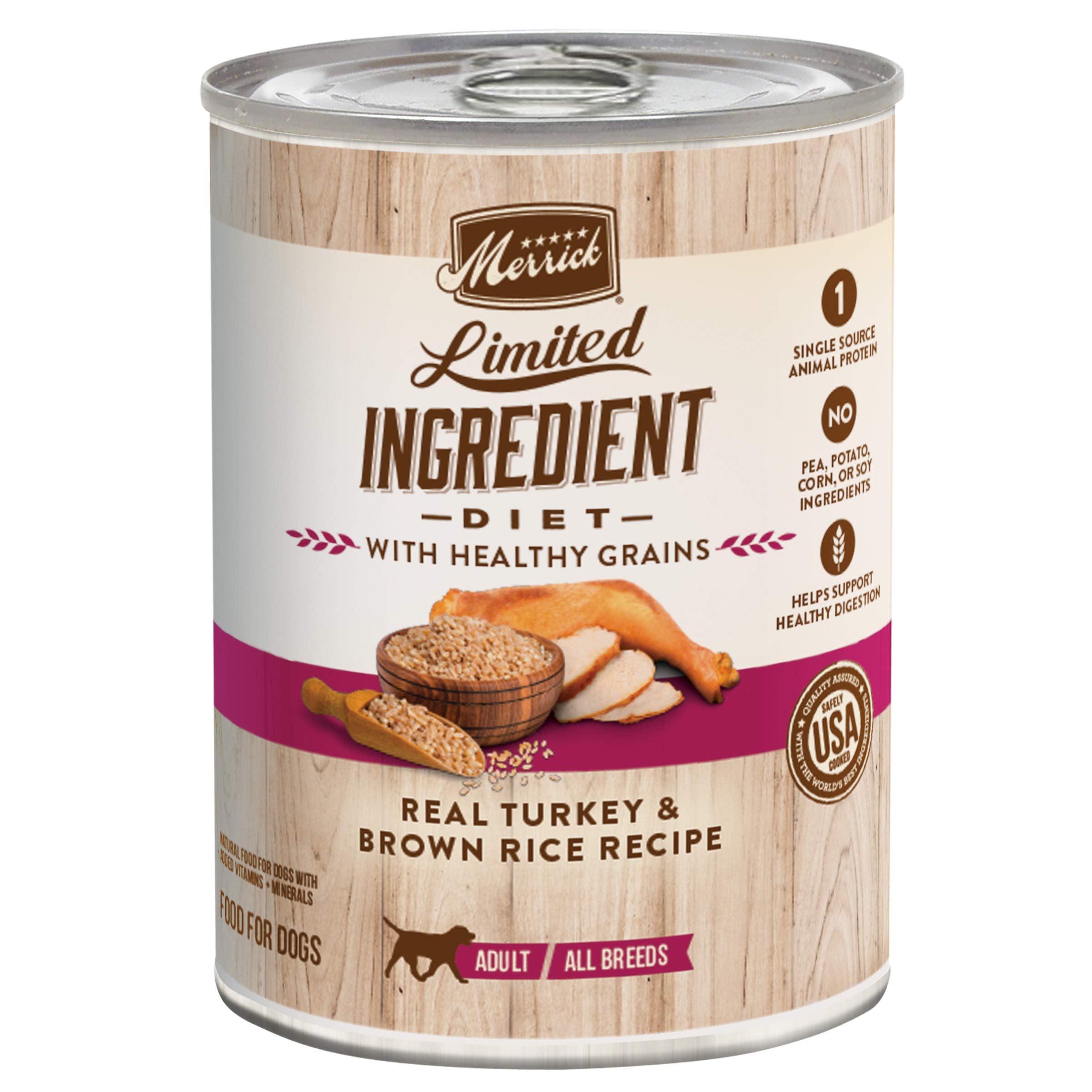 Merrick Healthy Grains wet dog food can shows turkey and brown rice for digestion support