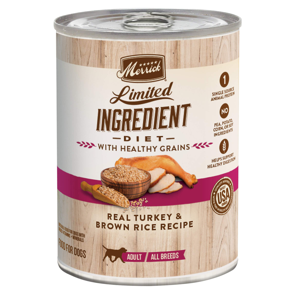 Merrick Healthy Grains wet dog food can shows turkey and brown rice for digestion support