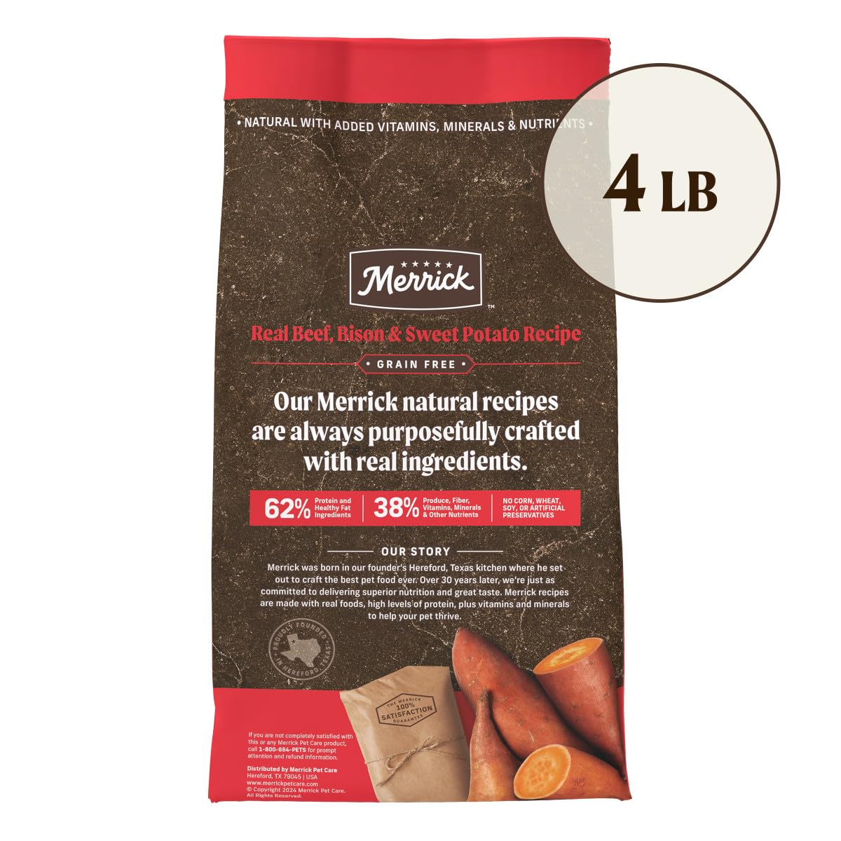 Merrick ingredient showcase table with beef and sweet potato nutrition