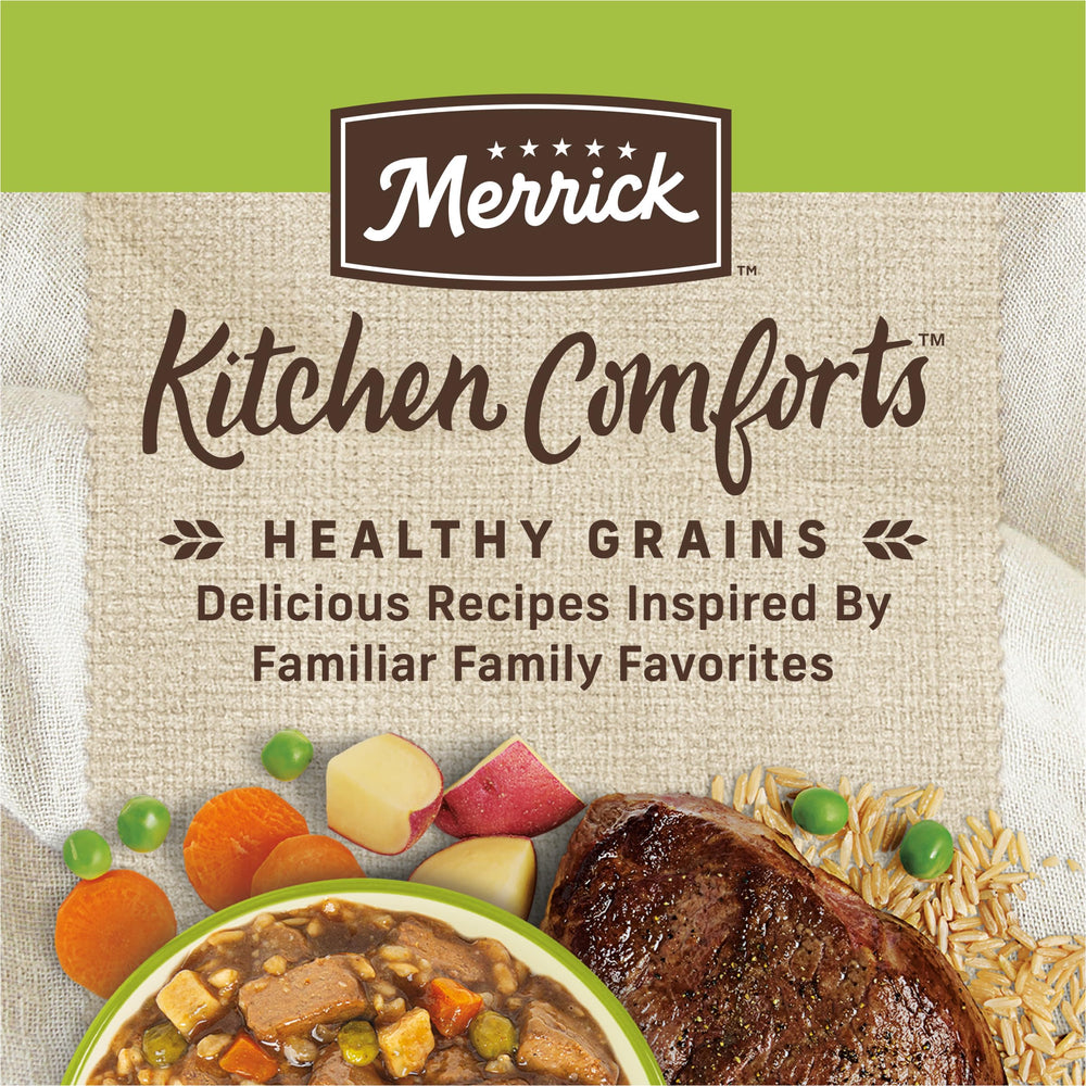 Merrick Kitchen Comforts brown rice carrots peas ingredients visualize wholesome grain mix.