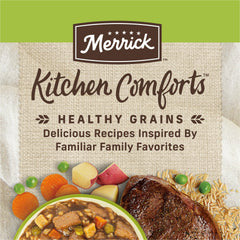 Merrick Kitchen Comforts brown rice carrots peas ingredients visualize wholesome grain mix.