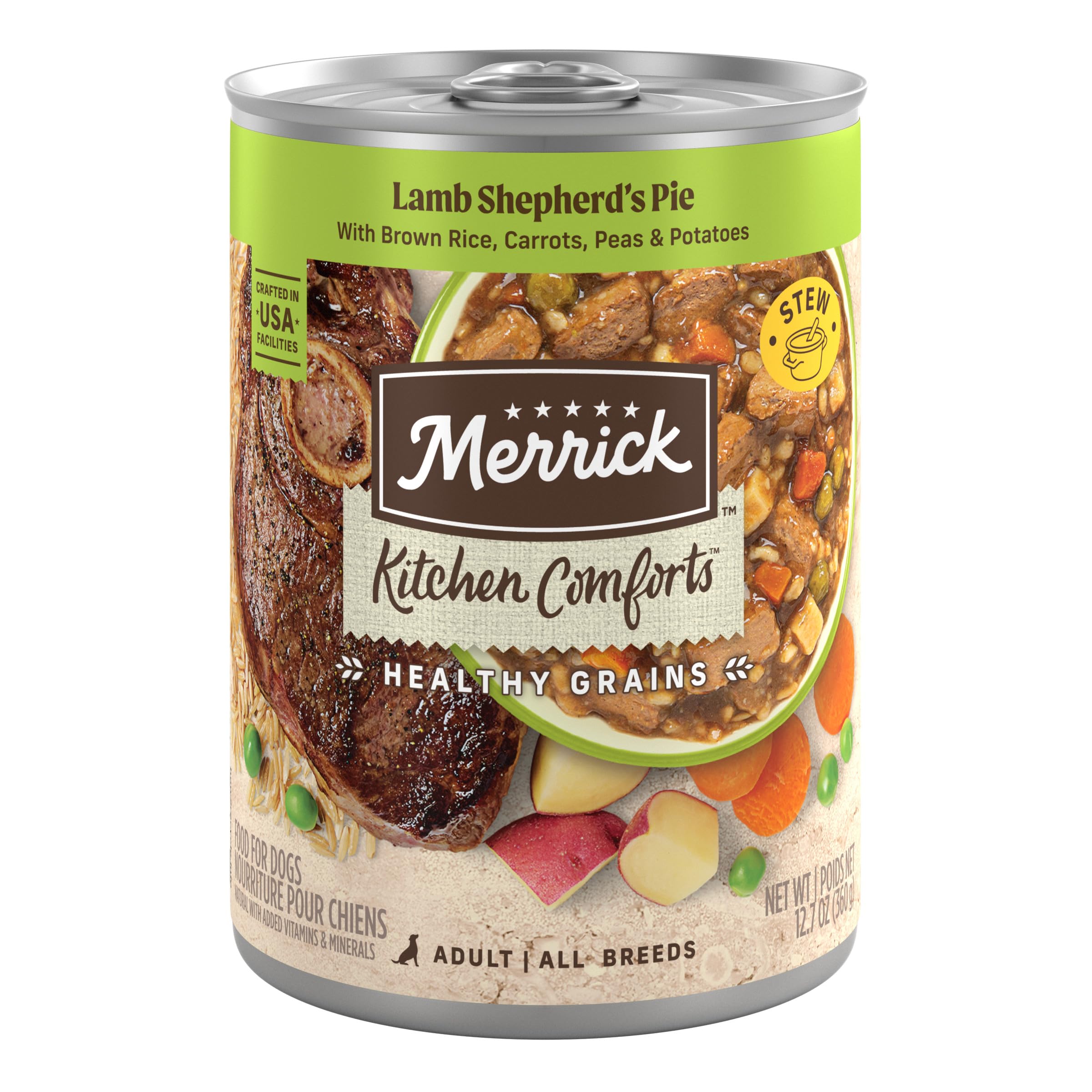 Merrick Kitchen Comforts Shepherd’s Pie lamb-can label highlights real lamb as first ingredient for tastier meals.
