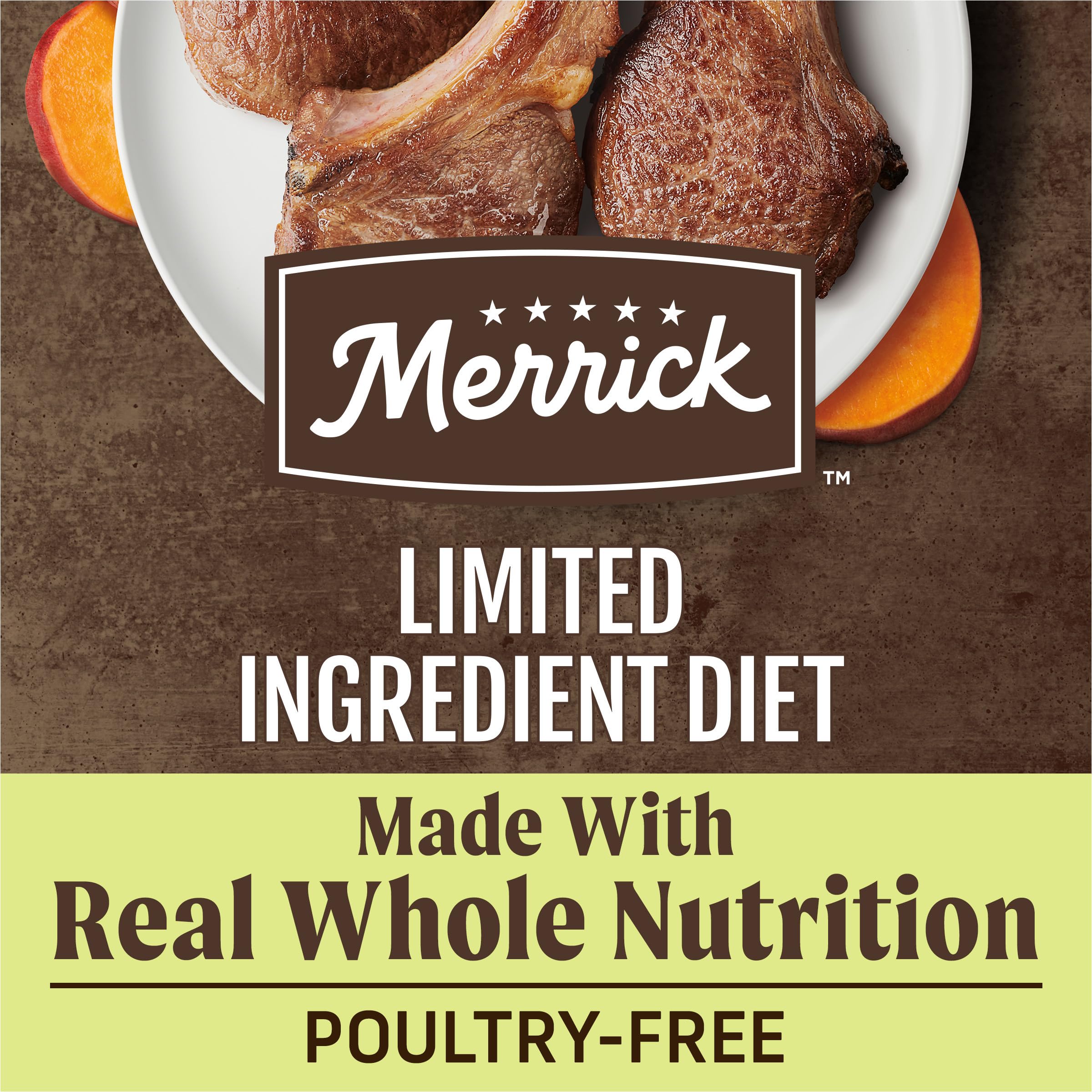 Merrick lamb and sweet potato kibble close-up shows real lamb first ingredient for lean muscle.