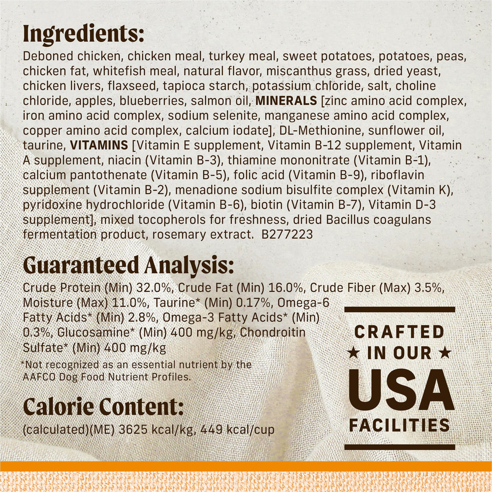 Merrick Lil’ Plates bag front label showcases grain-free formula and USA-made commitment