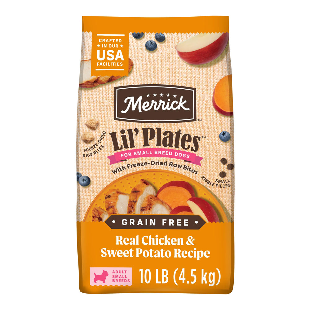 Merrick Lil’ Plates bag front view, easy portioning for small dogs.