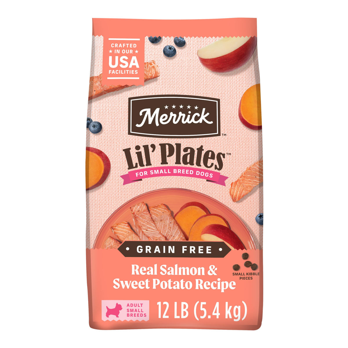 Merrick Lil’ Plates bag front displaying premium grain-free formula for small dogs.