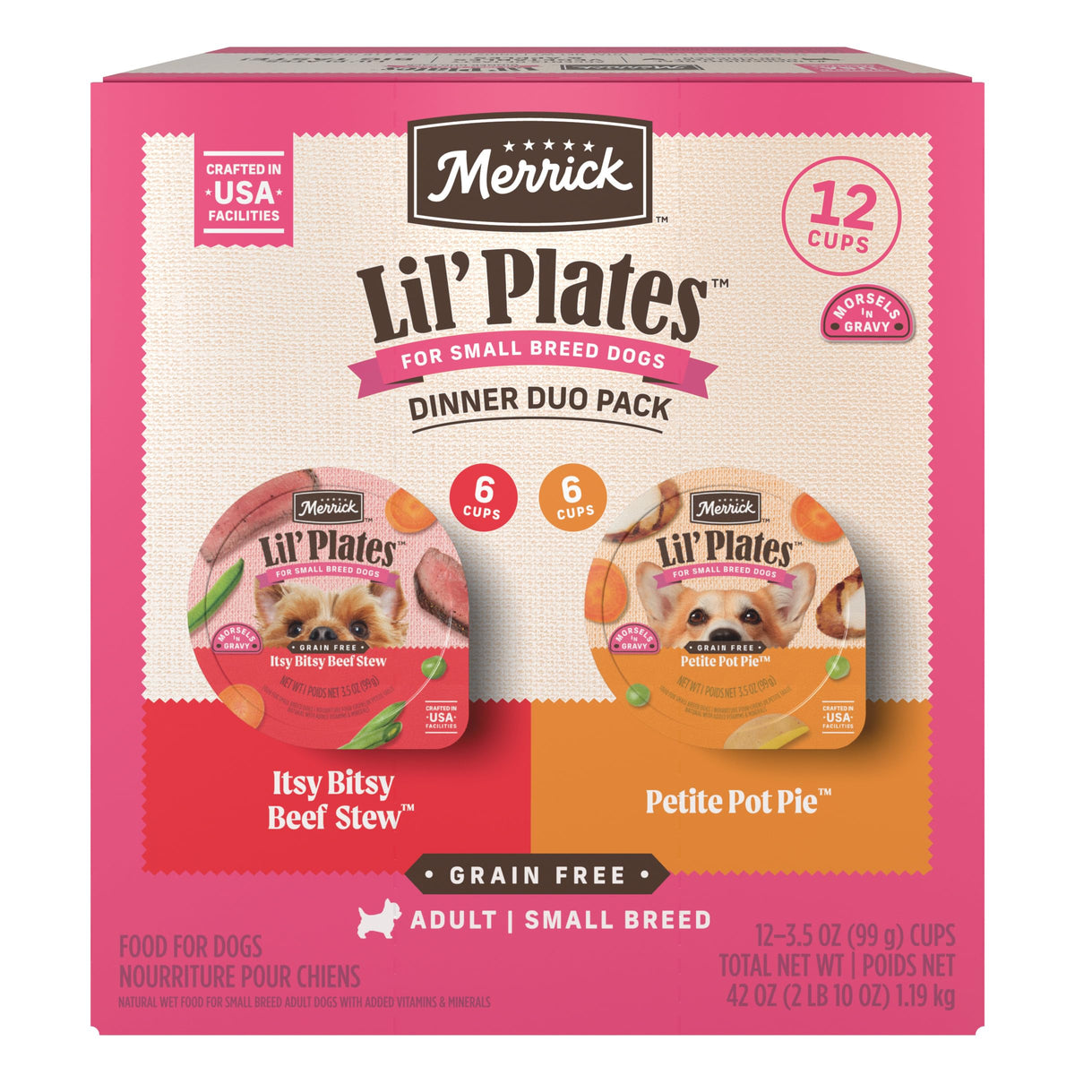 Merrick Lil’ Plates Itsy Bitsy Beef Stew tray with real beef chunks for small dogs' energy
