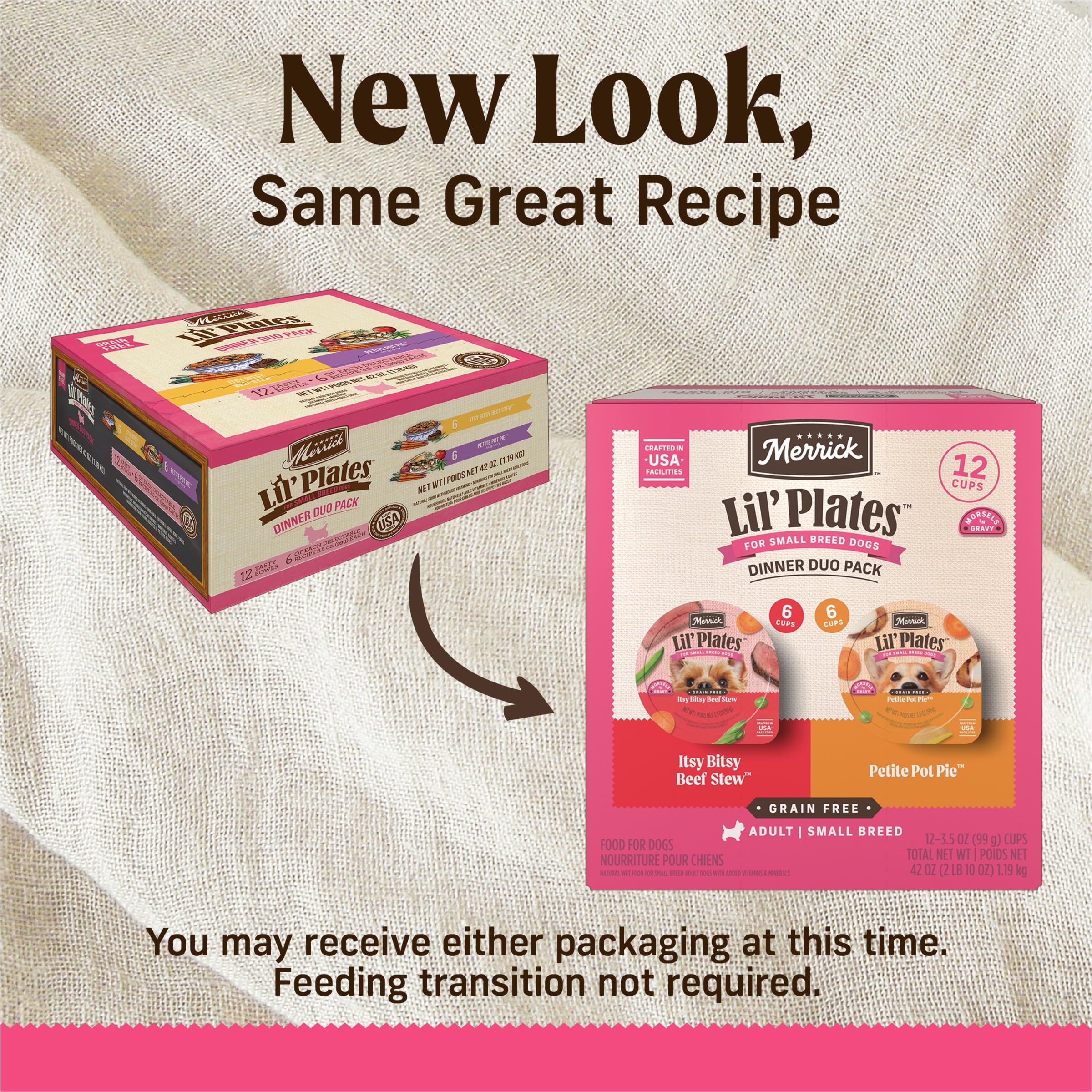 Merrick Lil’ Plates Petite Pot Pie tray featuring chicken in savory gravy for small dogs