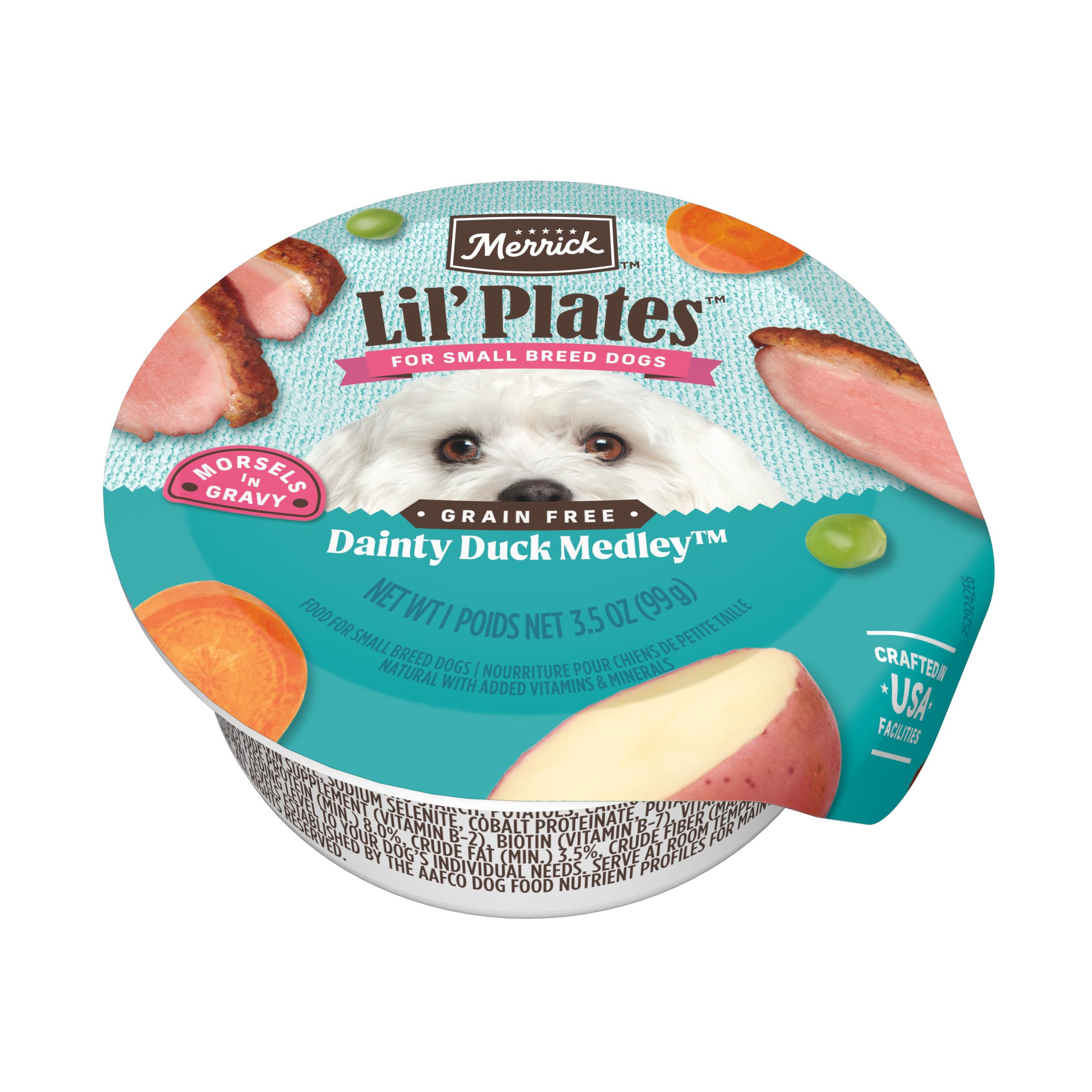 Merrick Lil’ Plates Duck Medley tray shows grain-free wet food for small dogs