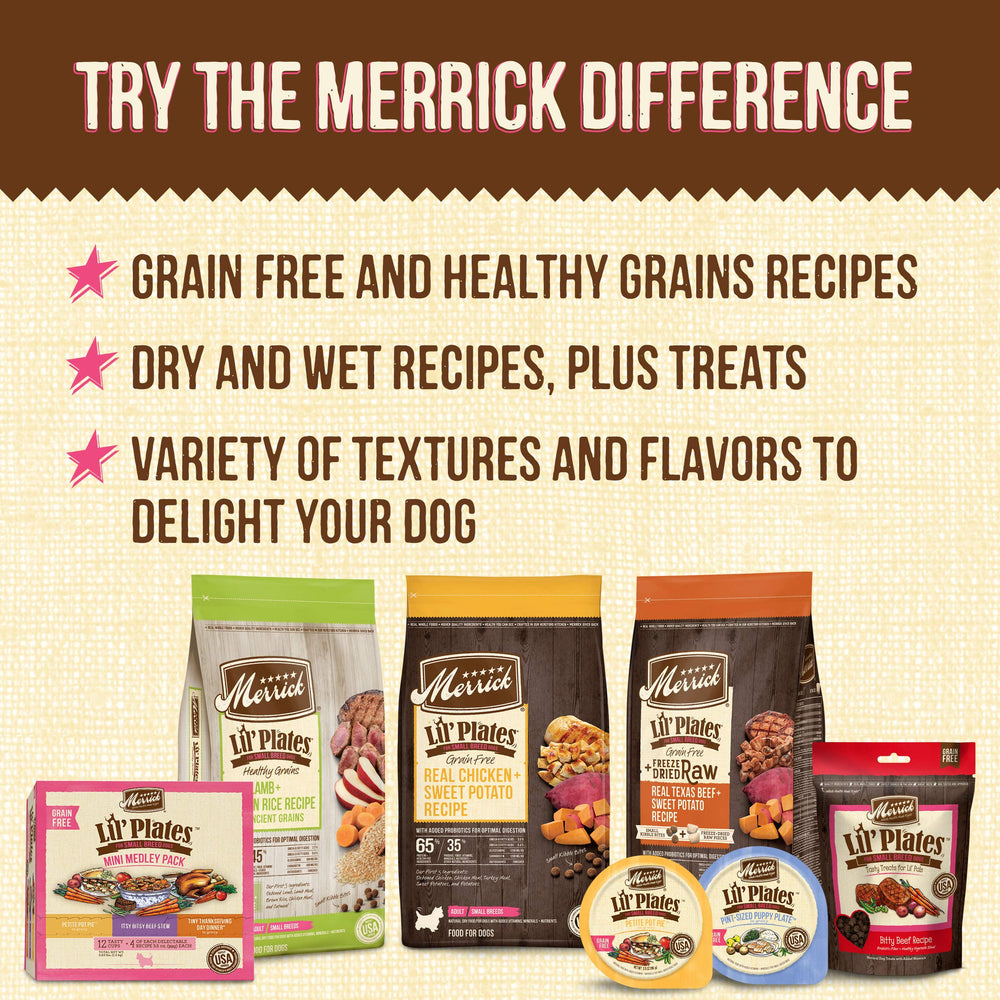 Merrick Lil’ Plates gluten-free recipe appealing to grain-sensitive dogs