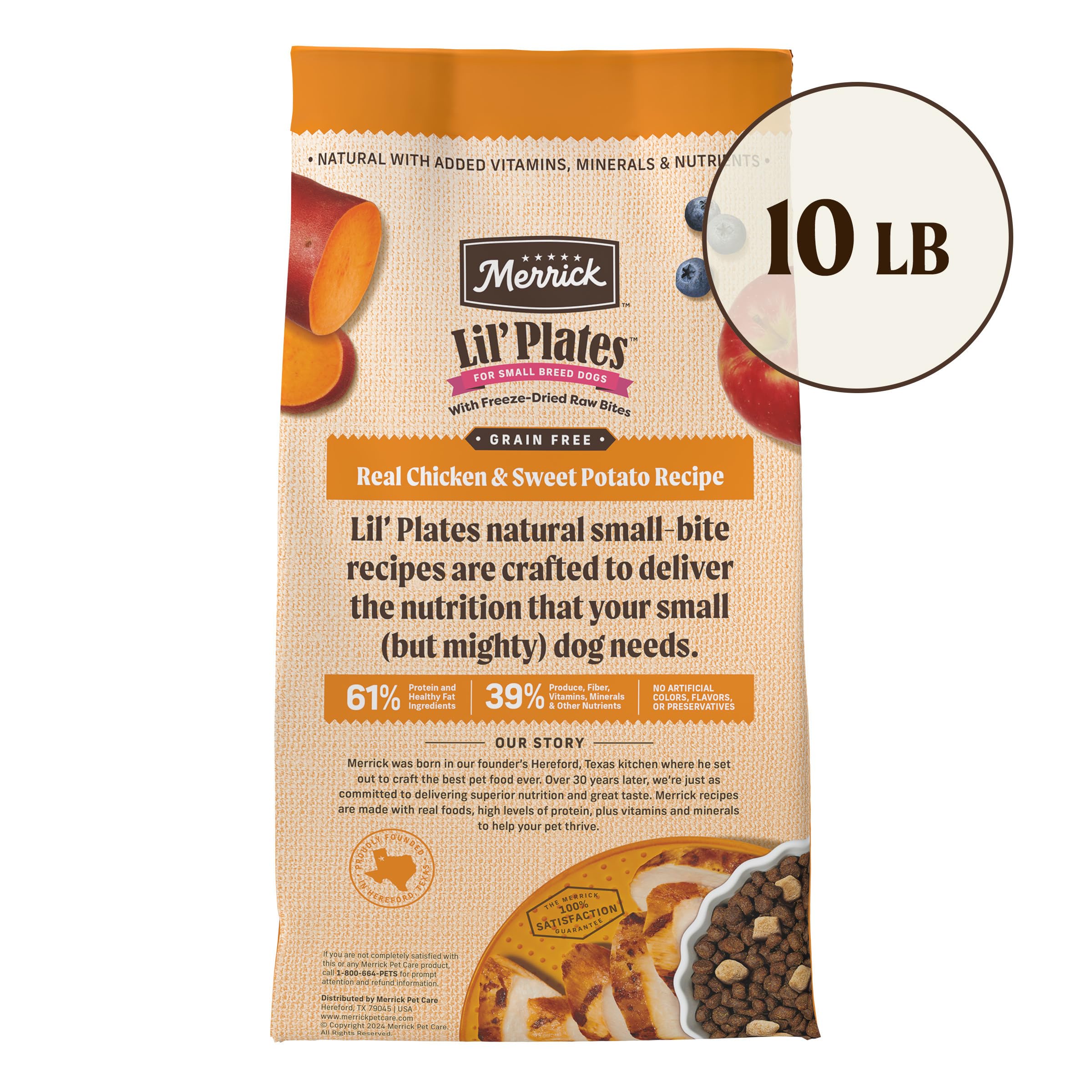 Merrick Lil’ Plates grain-free formula suitable for sensitive stomachs.