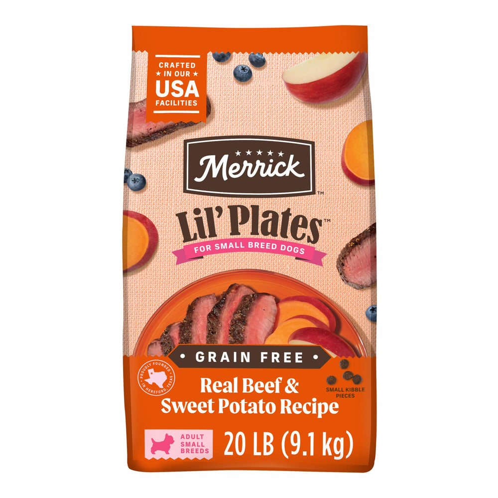 Merrick Lil’ Plates grain-free small dog kibble with beef and sweet potato for energy