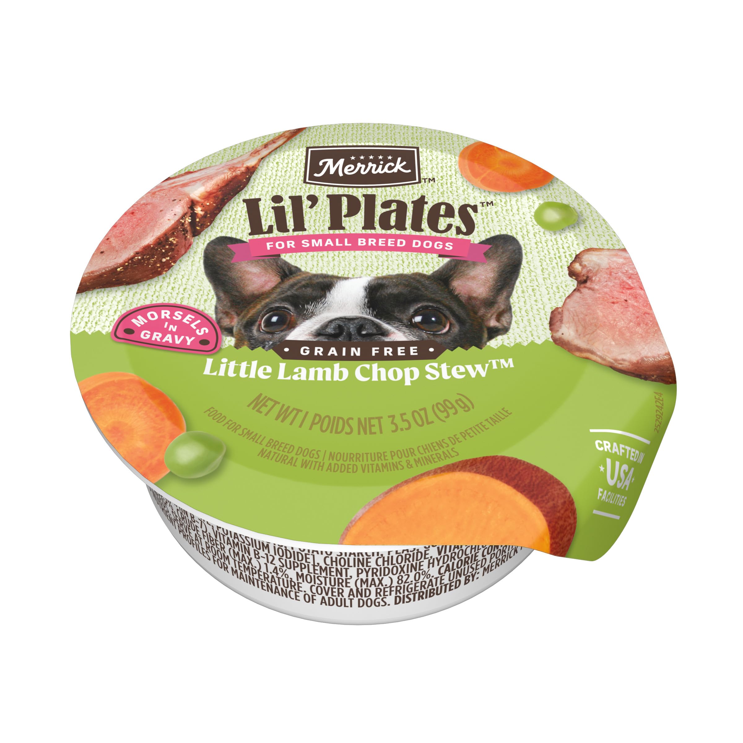 Merrick Lil' Plates Lamb Chop Stew tub for easy serving and small dog meals.