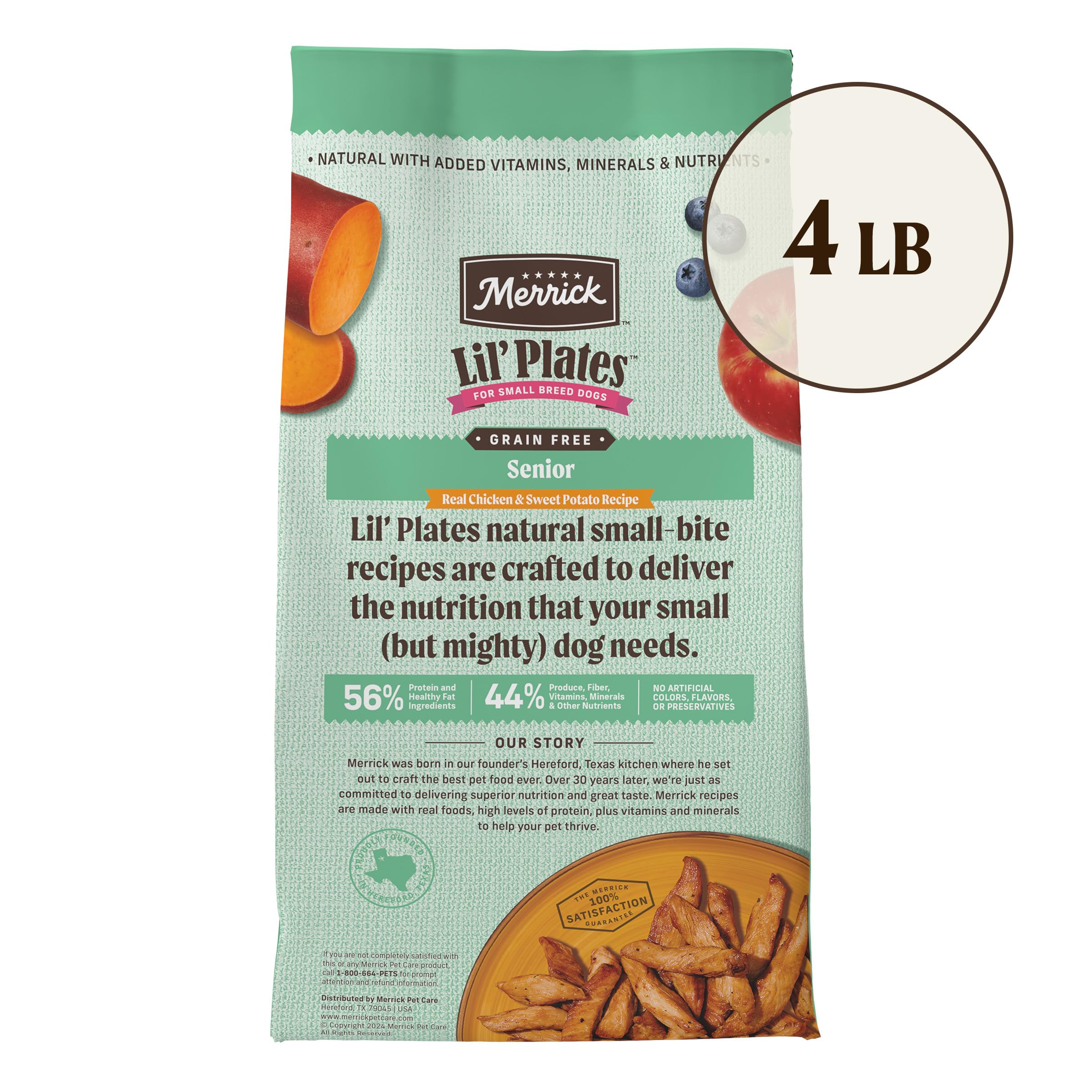 Merrick Lil’ Plates grain-free recipe free from corn, wheat, and soy.