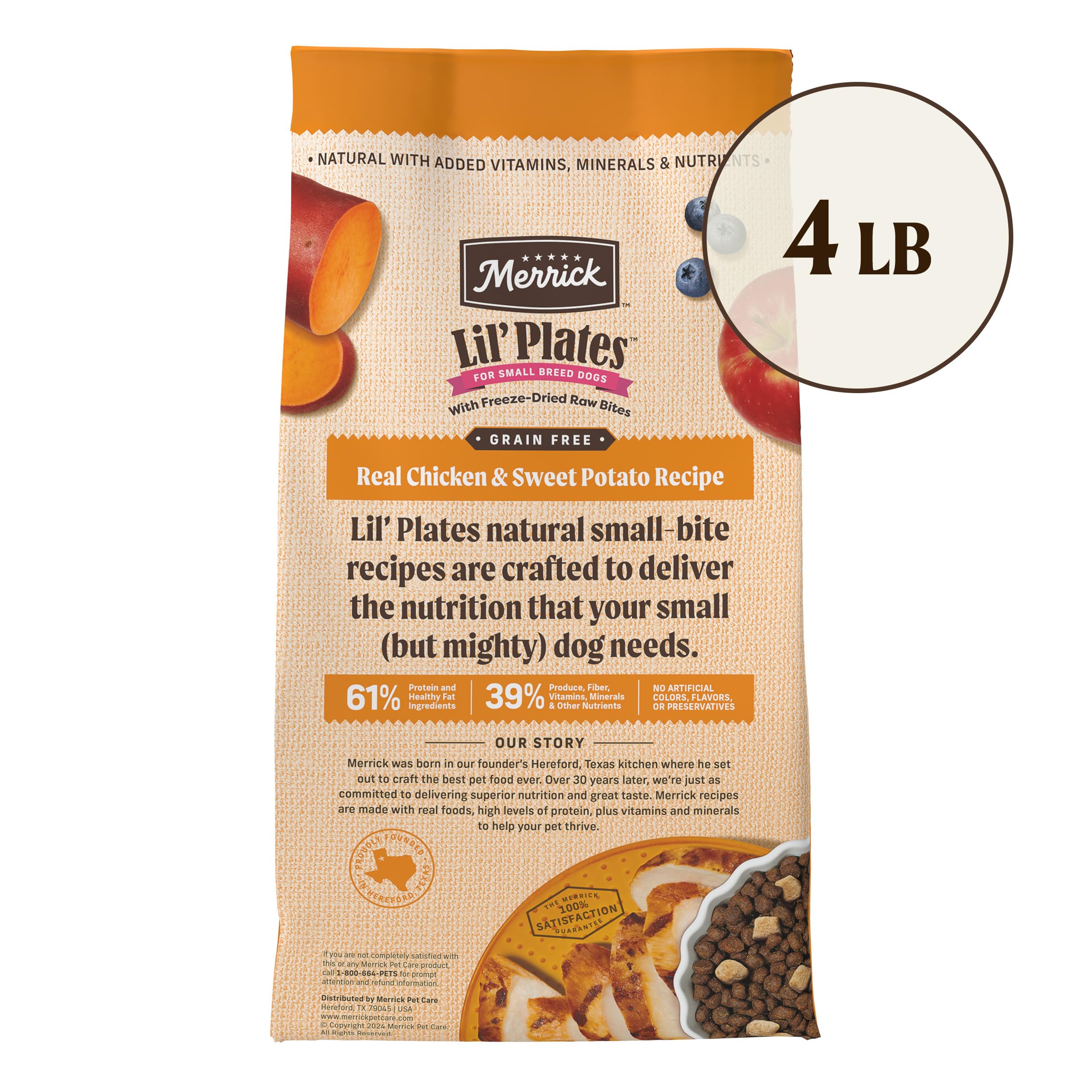 Merrick Lil’ Plates omega-3-6 and glucosamine display highlights coat support and joint benefits