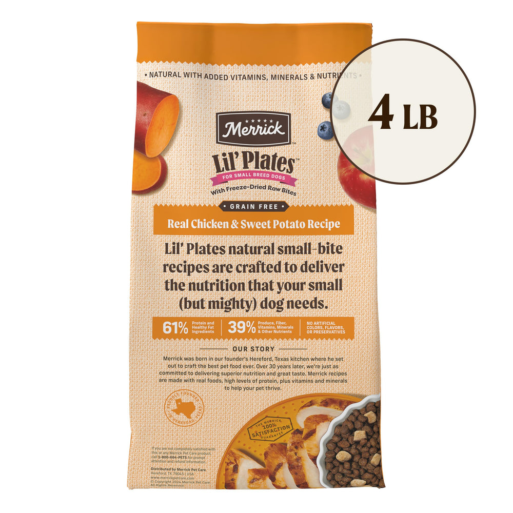 Merrick Lil’ Plates omega-3-6 and glucosamine display highlights coat support and joint benefits