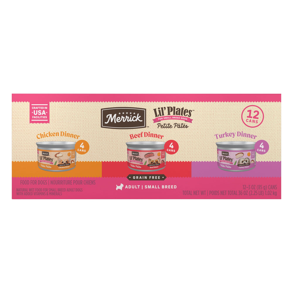 Merrick Lil’ Plates beef pate cans for small dogs.