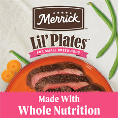 Merrick Lil’ Plates grain-free formula without gluten.