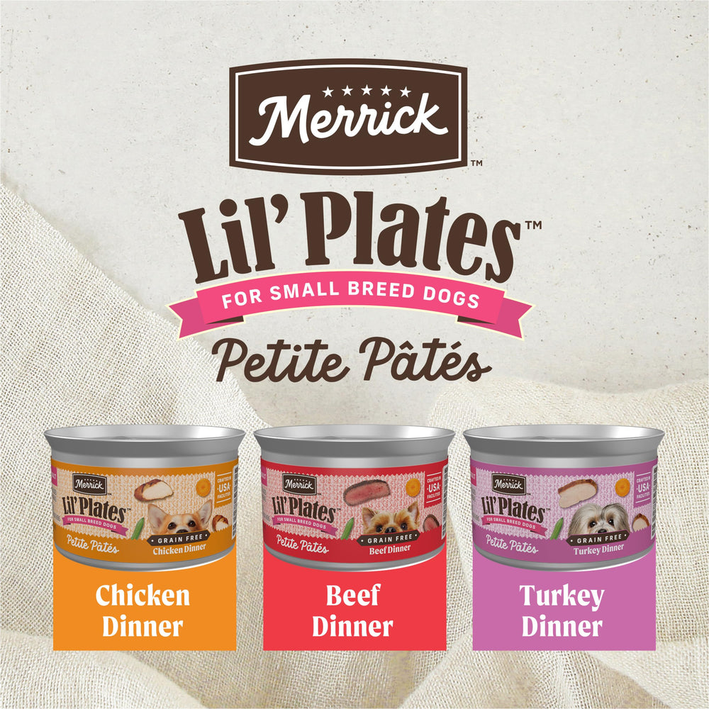 Merrick Lil’ Plates soft pate texture for easy serving.