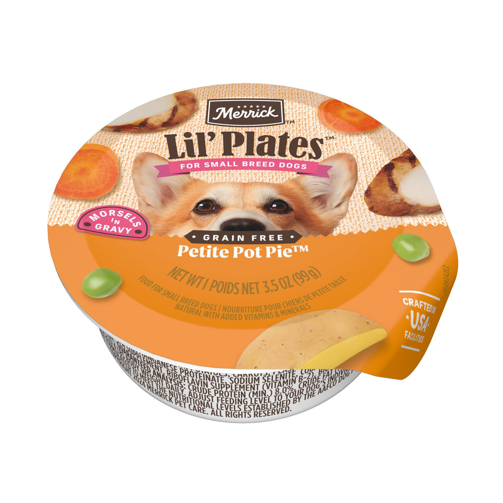 Merrick Lil’ Plates petite pot pie tray closeup, grain-free formula supporting lean muscles in small dogs.