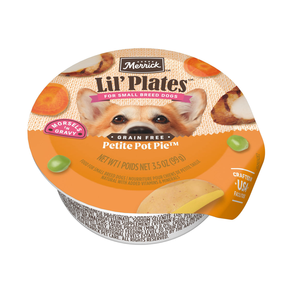 Merrick Lil’ Plates petite pot pie tray closeup, grain-free formula supporting lean muscles in small dogs.