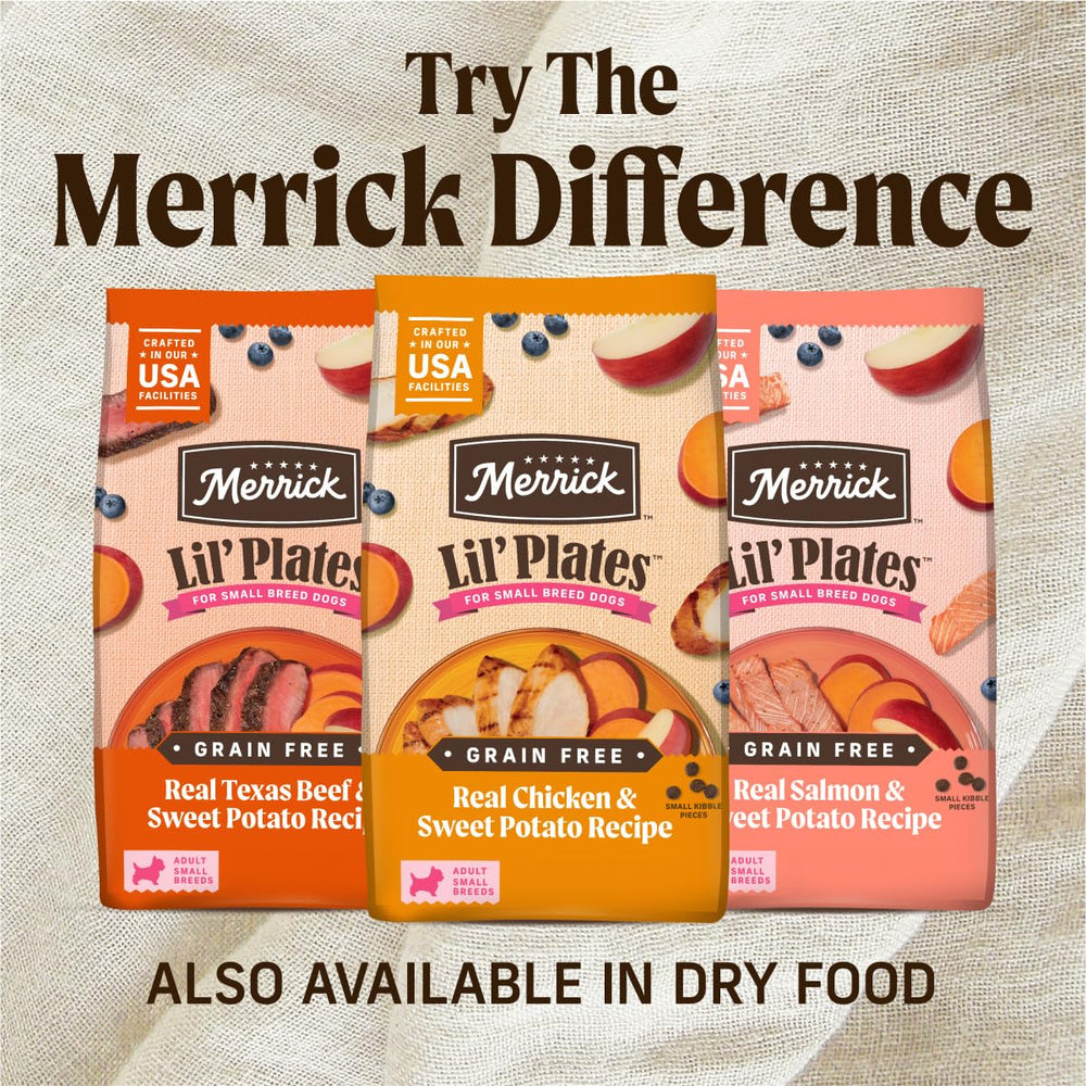 Merrick Lil’ Plates grain-free label emphasizing gluten-free option for small breeds.