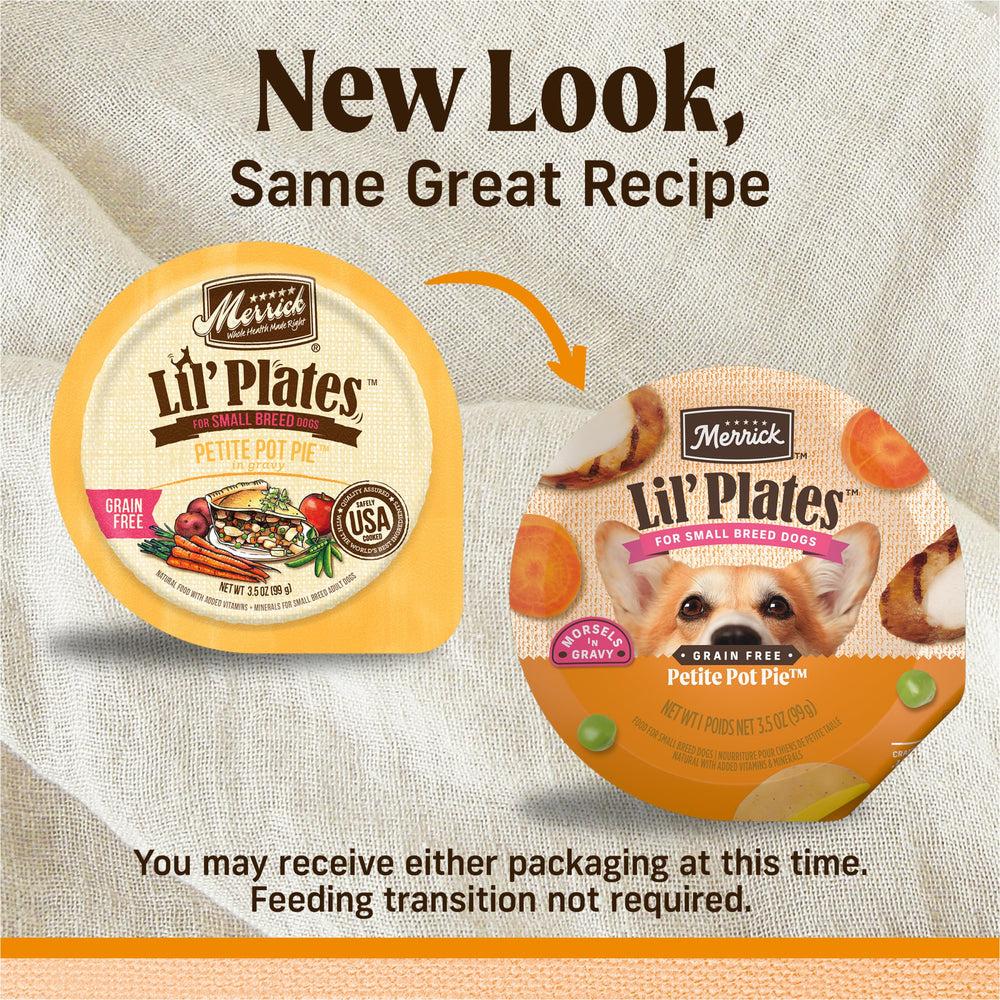 Merrick Lil’ Plates tray side view highlights real deboned chicken as first ingredient.