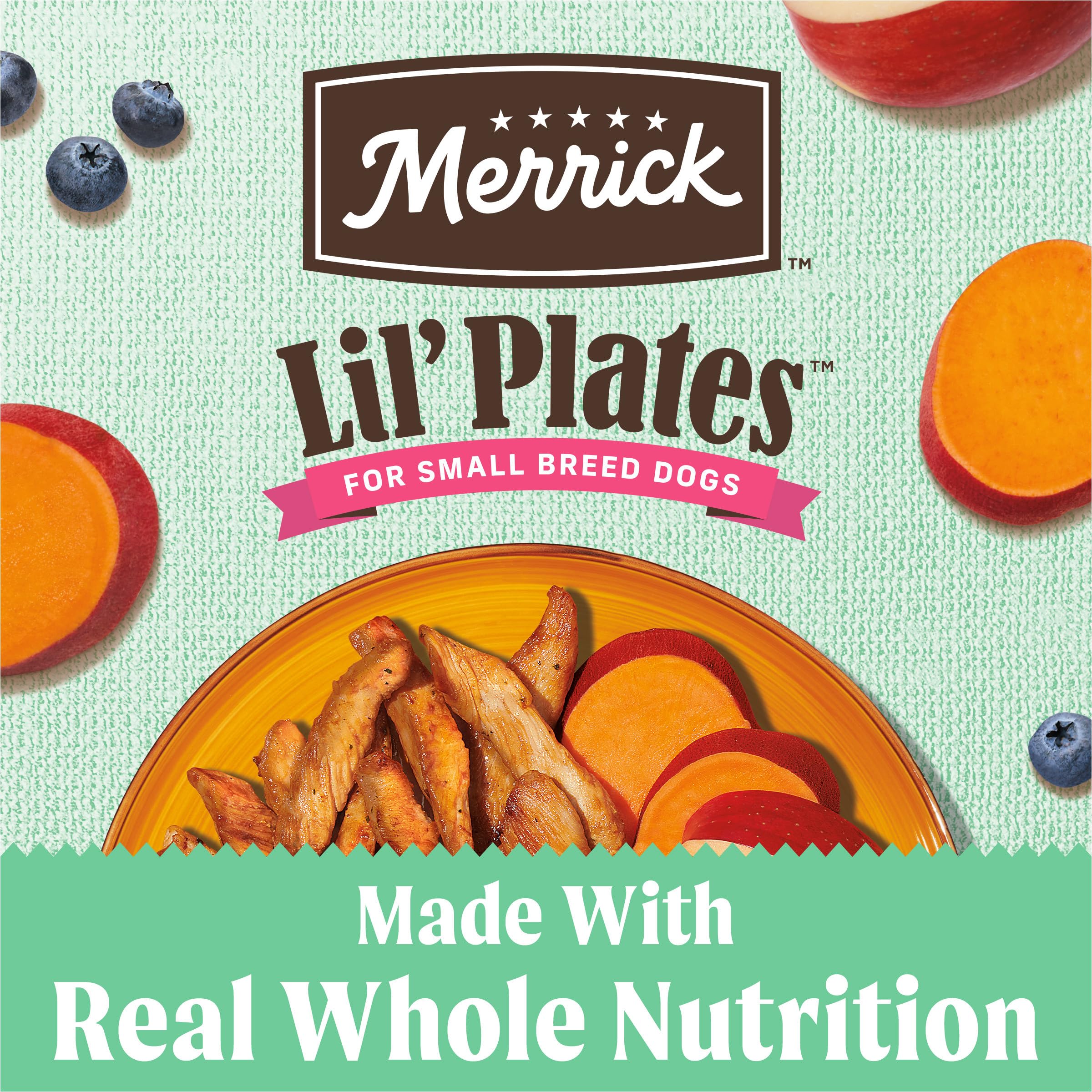 Merrick Lil' Plates real chicken first-ingredient close-up signaling high-quality protein.