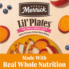 Merrick Lil’ Plates real chicken first ingredient highlights quality protein.