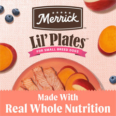 Merrick Lil’ Plates salmon kibble close-up highlights real deboned salmon as first ingredient.