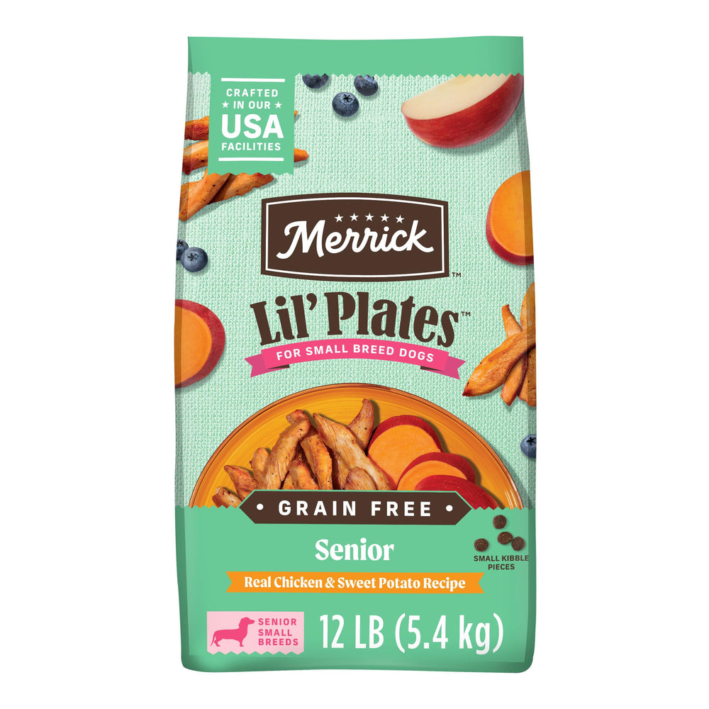 Merrick Lil' Plates senior small-breed bag close-up for easy portioning.