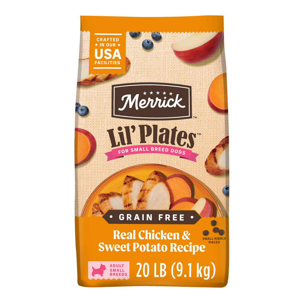 Merrick Lil' Plates bag front featuring grain-free small-breed formula for easy feeding