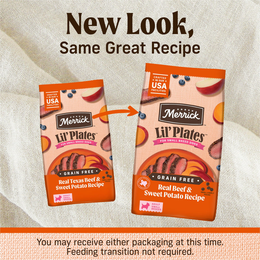 Merrick Lil’ Plates small-breed dry food in a bowl, easy-chew texture