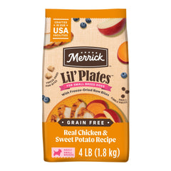 Merrick Lil’ Plates small-breed kibble closeup highlighting grain-free formula for tiny mouths