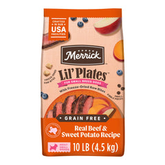 Merrick Lil’ Plates small-breed kibble Texas beef and sweet potato in a serving bowl for small dogs