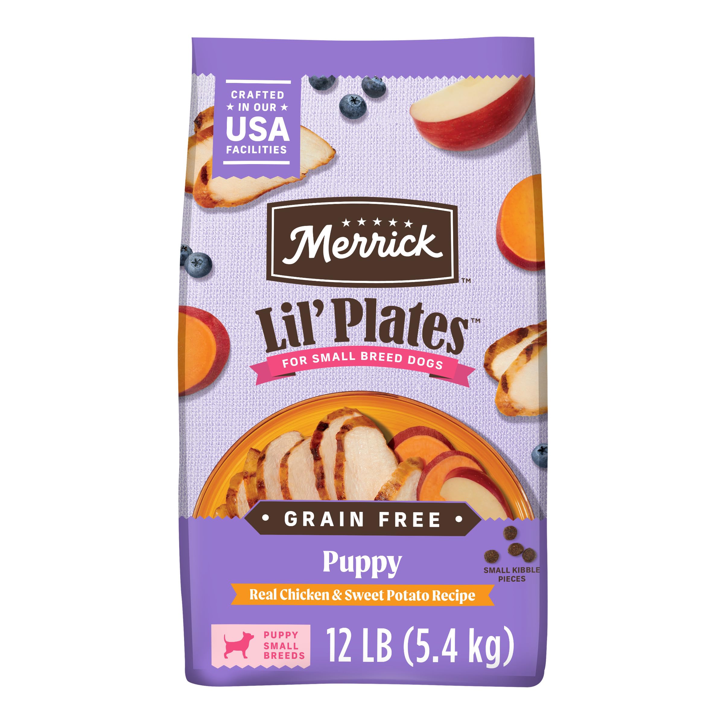 Merrick Lil’ Plates small-breed puppy kibble in a bowl supports gentle chewing.