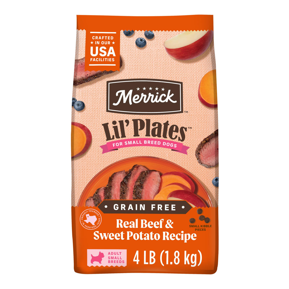 Merrick Lil’ Plates small-dog bag front view showing grain-free formula for small breeds