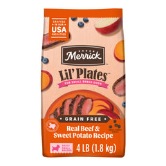 Merrick Lil’ Plates small-dog bag front view showing grain-free formula for small breeds