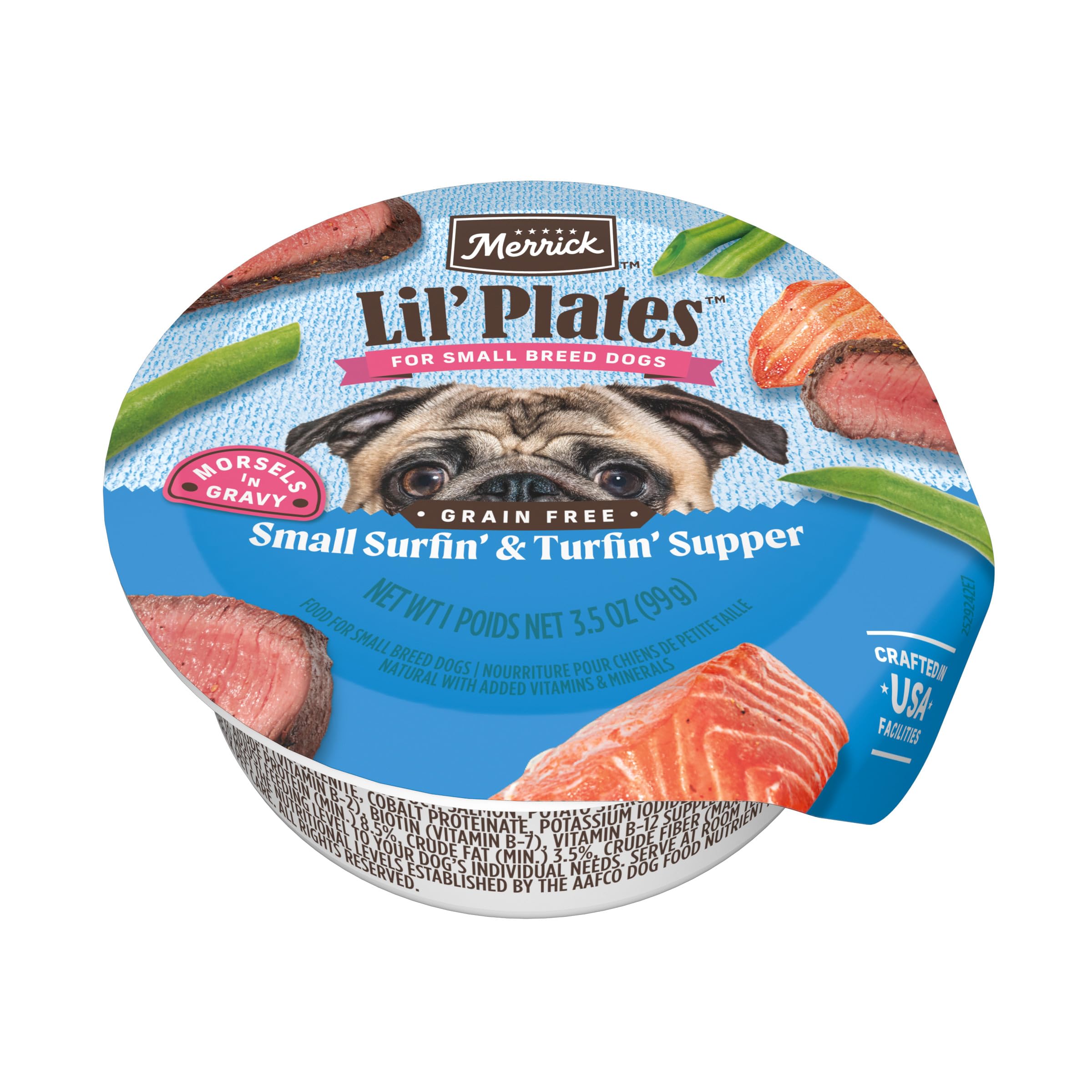 Merrick Lil Plates Surfin Turfin Supper in Gravy beef tray for tiny dogs, protein-rich.