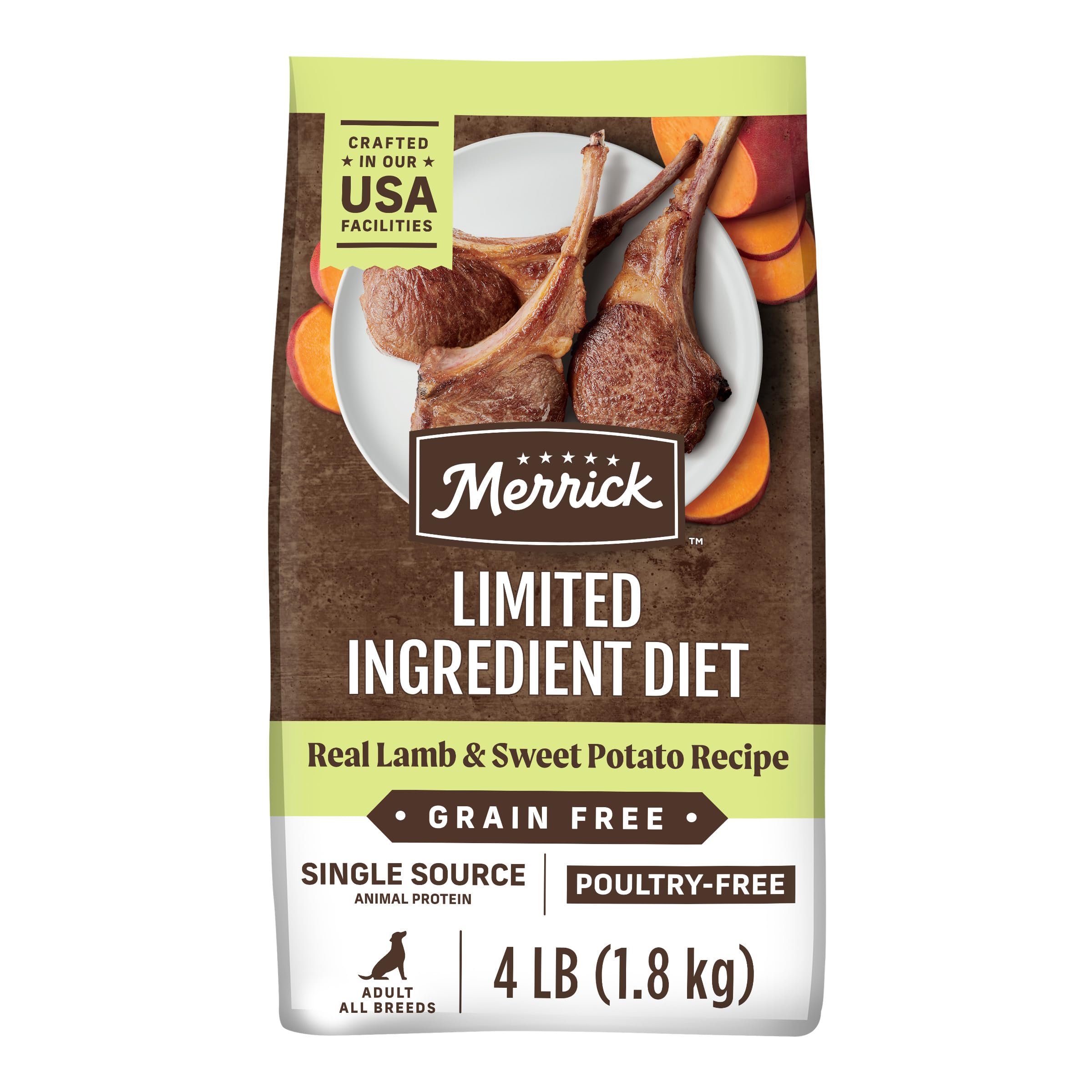 Merrick Limited Ingredient Diet lamb and sweet potato bag highlights grain-free formula for dogs with sensitivities.