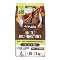 Merrick Limited Ingredient Diet lamb and sweet potato kibble in a bowl for grain-free meals.