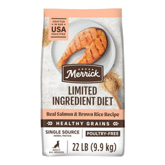 Merrick Limited Ingredient Diet with salmon first ingredient supports sensitive stomachs.
