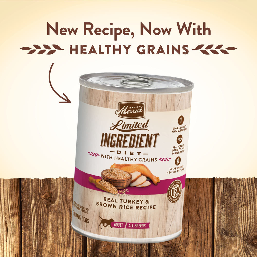 Merrick Limited Ingredient Diet turkey wet food can highlights single-protein formula