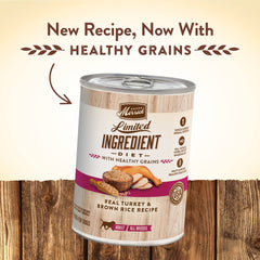 Merrick Limited Ingredient Diet turkey wet food can highlights single-protein formula