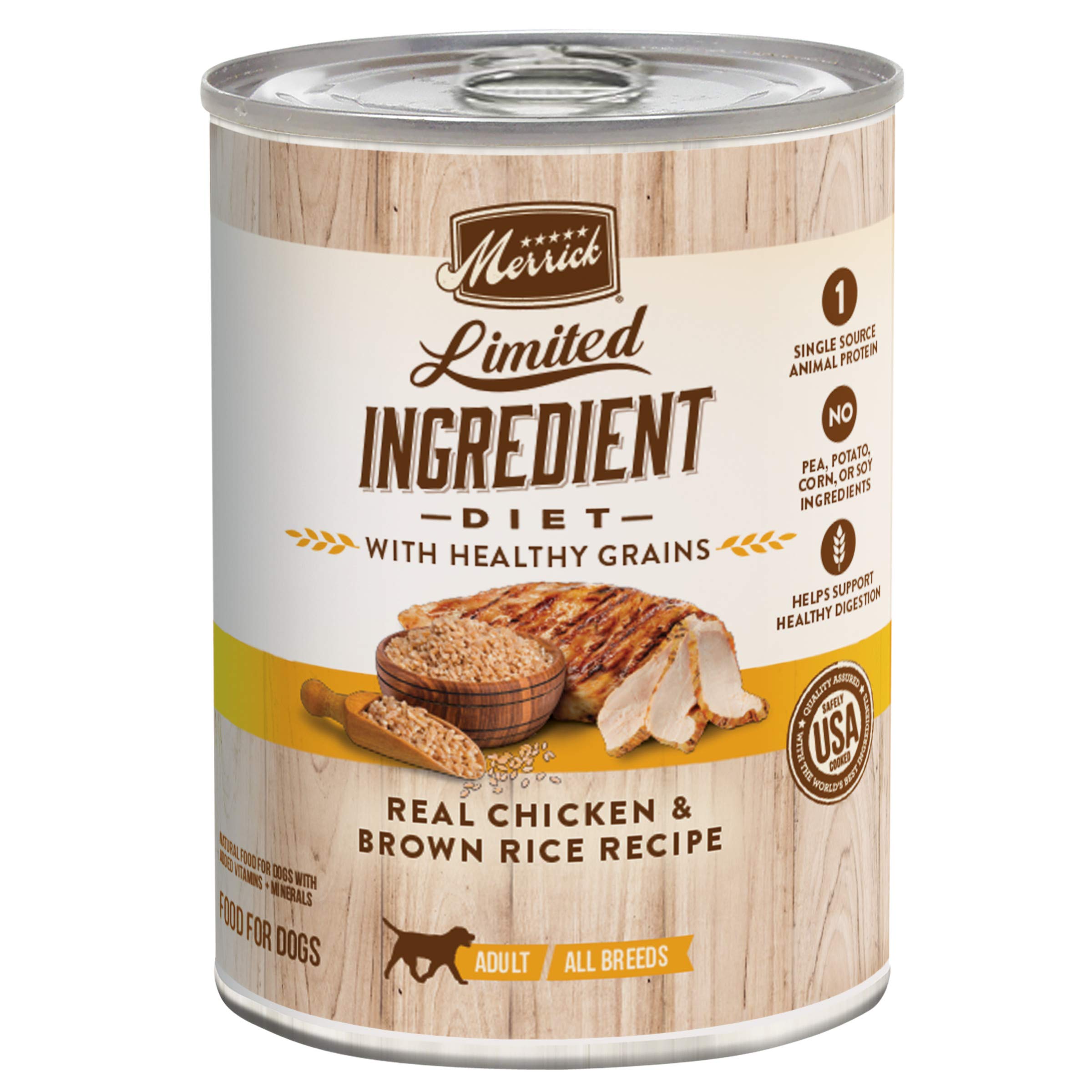 Merrick Limited Ingredient Diet wet dog food with real chicken as first ingredient.