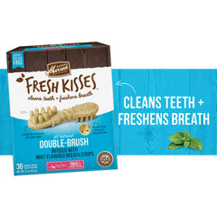 Merrick Fresh Kisses real mint flakes close-up highlighting natural breath-freshening ingredients.