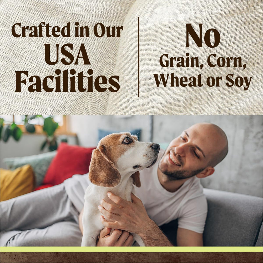 No corn, wheat, or soy statement on Merrick packaging supports sensitive stomachs.