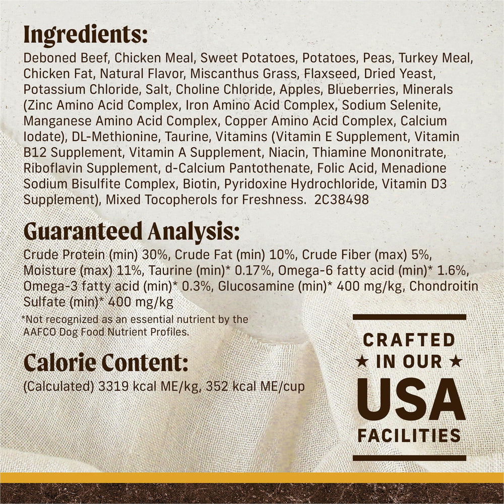 Merrick Omega fatty acids nourish skin and coat health.