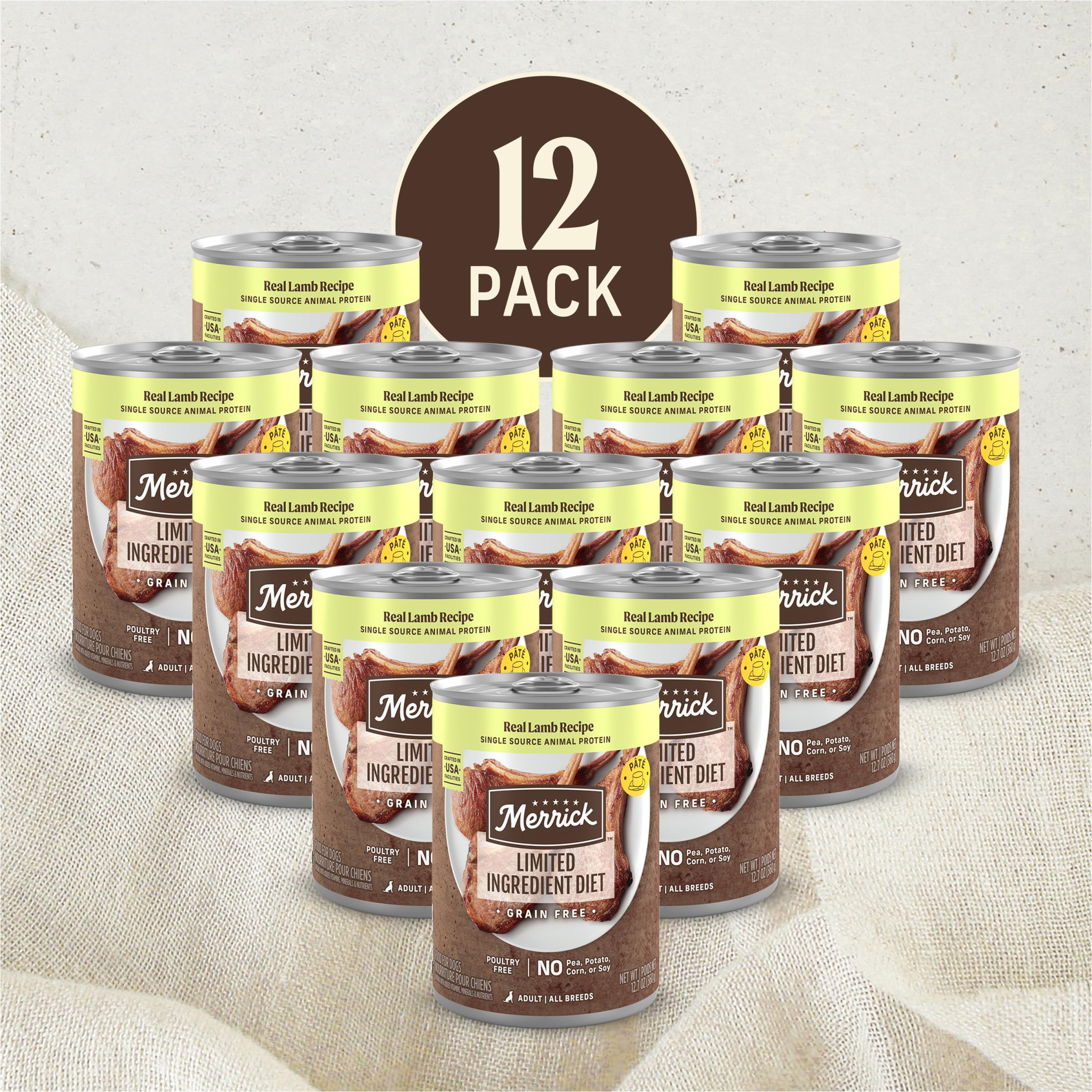 Merrick pack-12-cans-12-7-oz demonstrates convenient multi-meal supply.